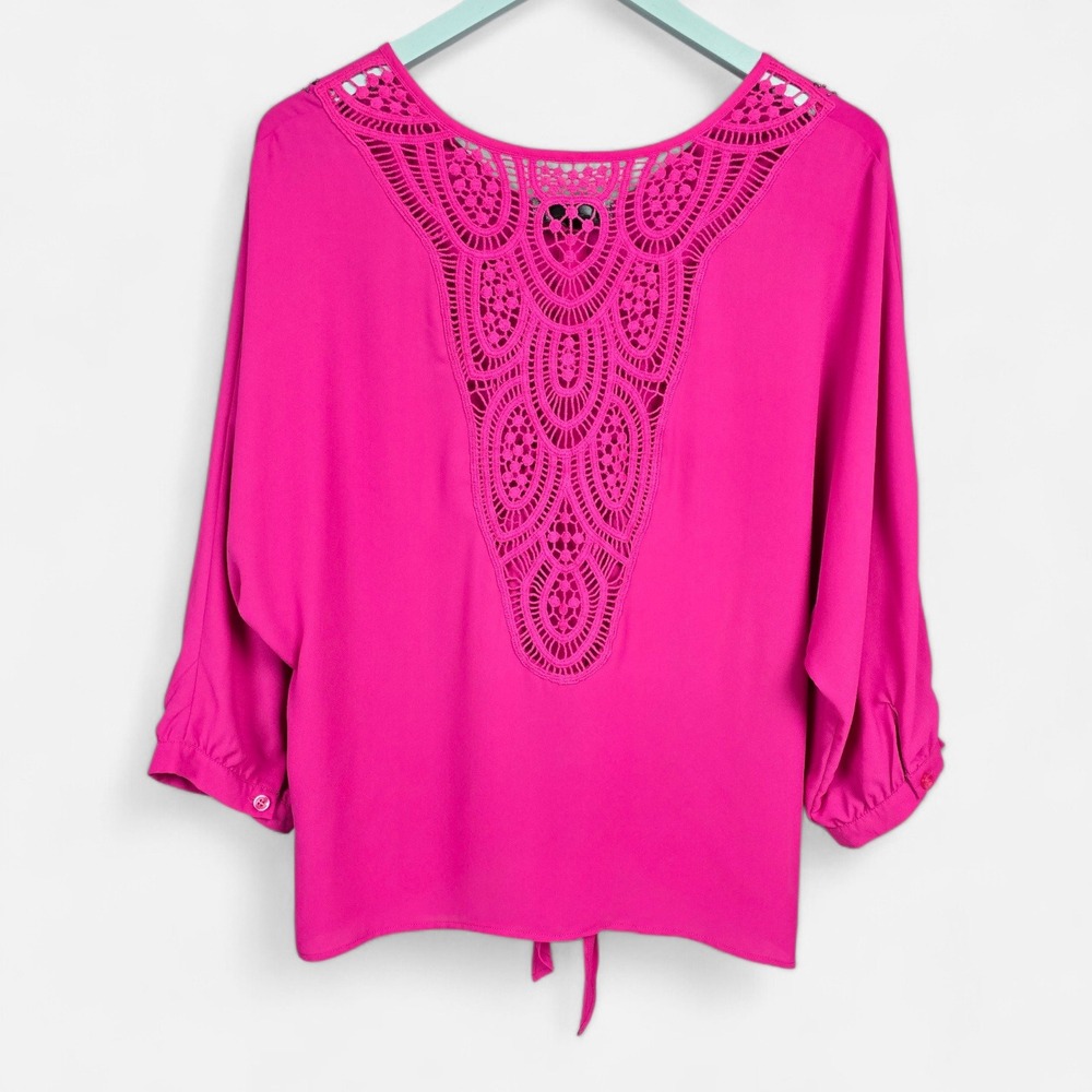 Rock & Roll Cowgirl Pink Tie-Front Lace Back Blouse Women's Size Large Mint! - Picture 2 of 6